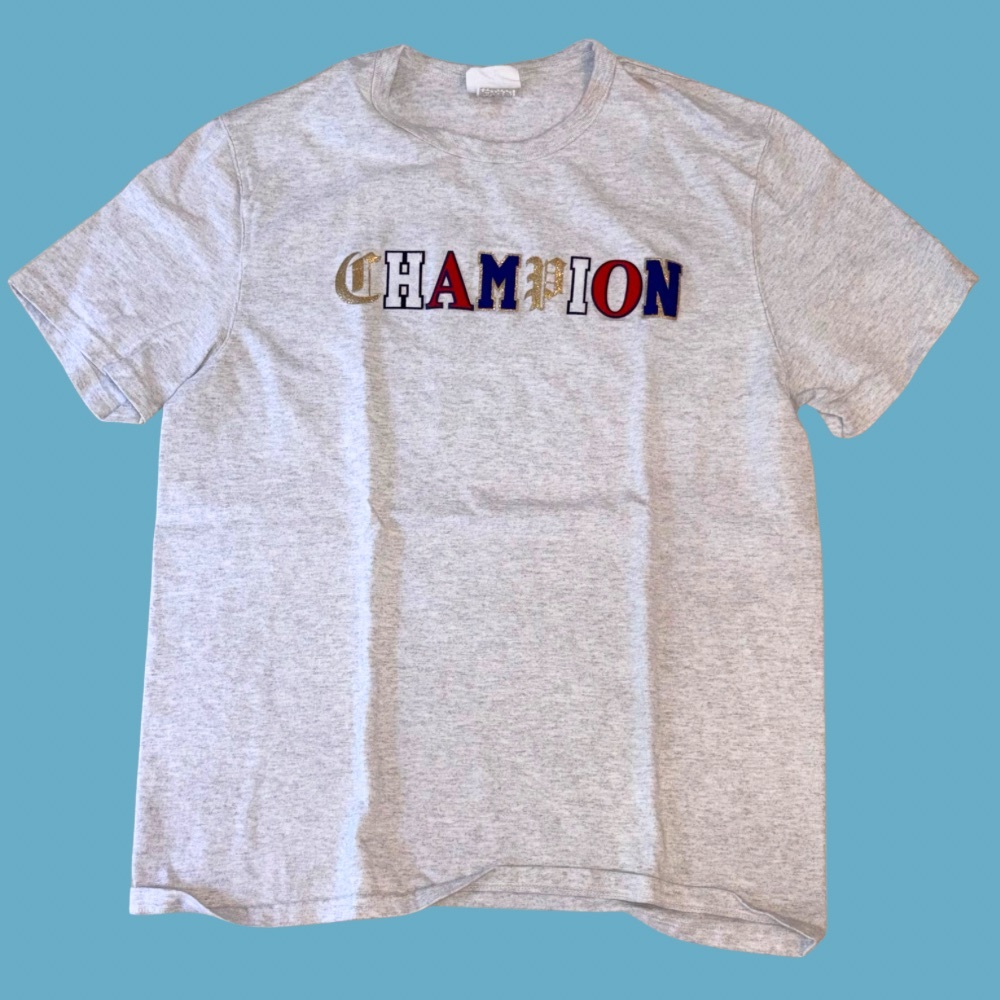 Champion Gray Tee L Chenille Applique Multi Font Glitter Logo Streetwear